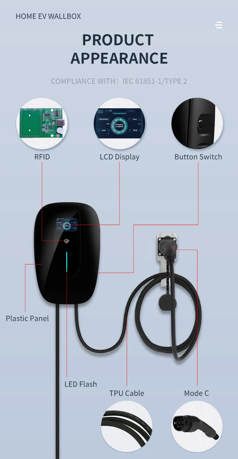 CE RoHS APP Control Type 2 Charging Plug 11kw EV Charger Wallbox with LCD Screen