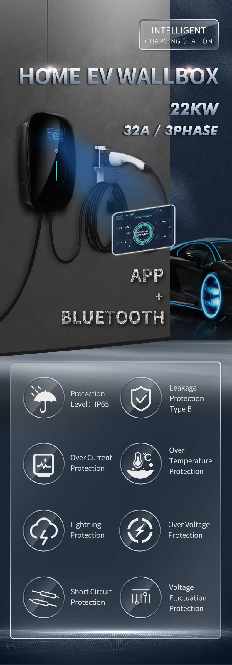 Electric Vehicle Charging Station Type2 Smart Wallbox 7kw 32A EV Charger Wallbox for Home Use with CE Support APP WiFi
