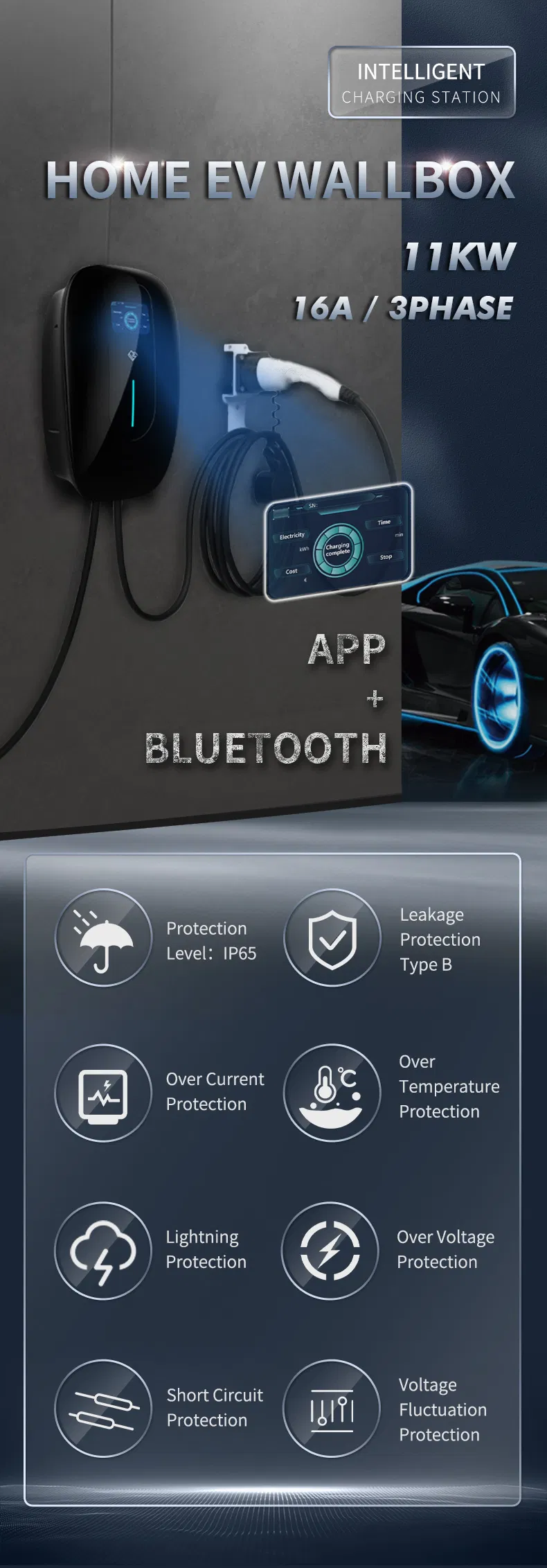 WiFi 4G APP Type 2 32A 3 Phase 380V 11kw Wallbox EV Charger Fast Electric Vehicle Charging Station