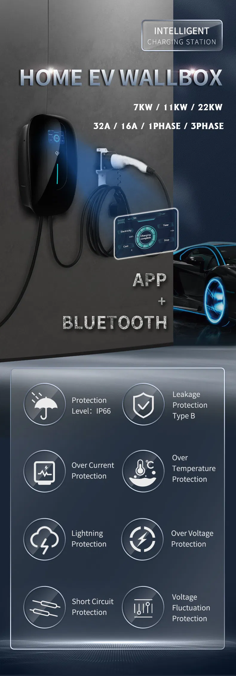 EV Wallbox Charging Station Monophase Current Adjustable with LCD Screen